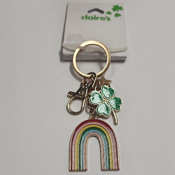 Rainbow shamrock clover star key chain keychain bag tag gold tone Claires - Picture 1 of 5